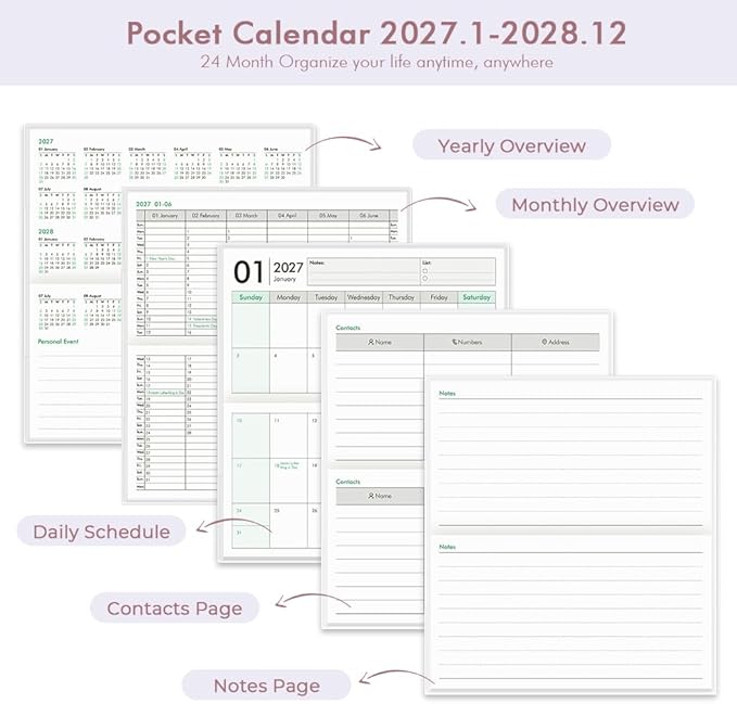 Pocket Calendar 2027-2028 for Purse, Small Pocket Planner 2027-2028 for Purse 3.5×6.5In,24 Month Organizer from Jan 2027- December 2028 Mini Planner with Pvc Cover for Organizing & Planning