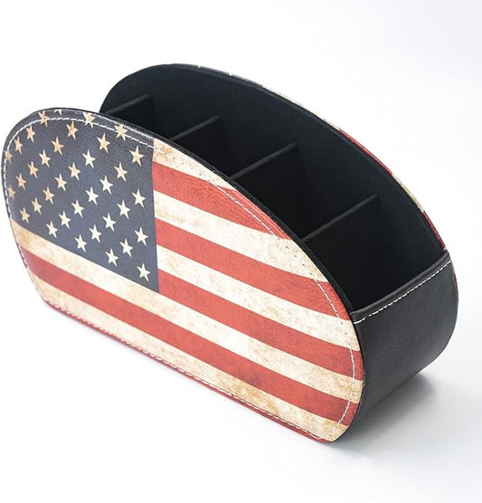 DreamsEden Remote Control Holder, Vintage American Flag Desktop Organizer Caddy 5 Compartments for TV Controller, Pen Pencil, Makeup Brush