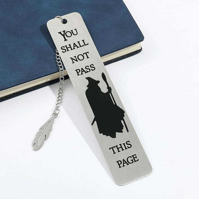 3Pcs Fantasy LOTR Metal Bookmarks Set, Elvish Leaf Pendant with Sword Charm, Evenstar Engraving, Epic Quotes Carved, Dark Academia Book Accessories, Gifts for Readers (B&W Gandalf)