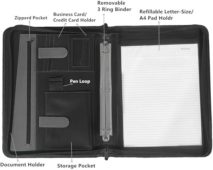 NuVision Zippered Padfolio 3 Ring Binder, Notebook for Work, Business Planner and Organizers, Padfolio with Handle, 8 ½ x 11” Writing Pad, PU Leather Folder, Professional Business Documents Portfolio