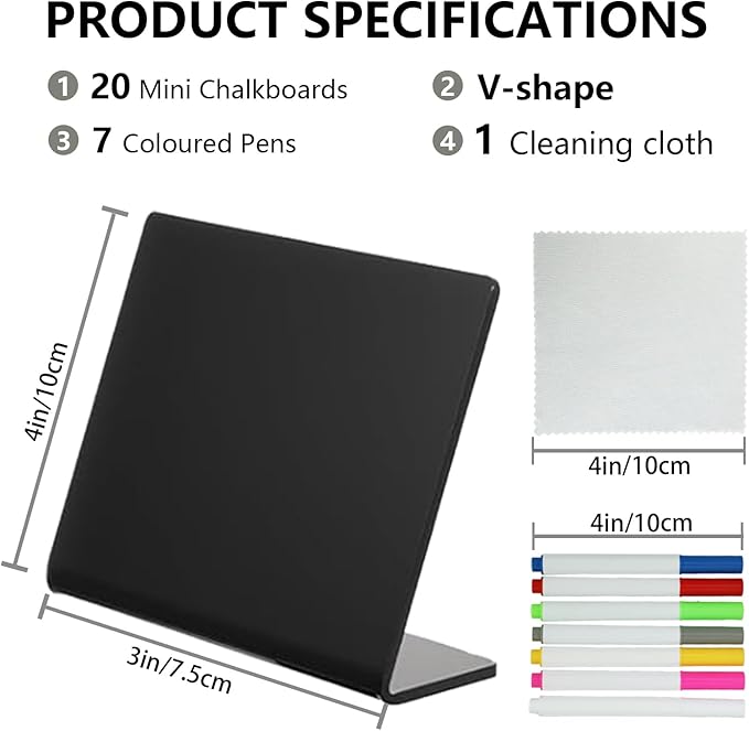 Mini Chalkboard Food Labels 20-Pack - 4x3 Inch L-Shaped Blackboard Signs for Restaurants, Wedding Reception, Birthday Party, Dessert Table with 7 Color Chalk Pens & Cleaning Cloth