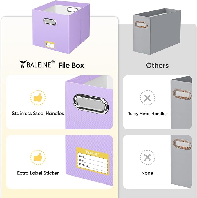 BALEINE File Organizer Box, Cardboard File Folder Organizer with Handle for Letter Size, Portable Collapsible Hanging Filing Box for Home Office Document Storage (8 Pack, Large Lavender)