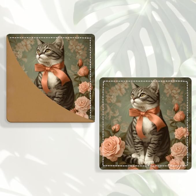 2PCS PU Leather Bookmarks 3.5x3.5 Inch Cat Rose Bow Design | PU leather bookmarks with cat rose bow design for novels, daily journals, reading notes, students, women readers and cat fans