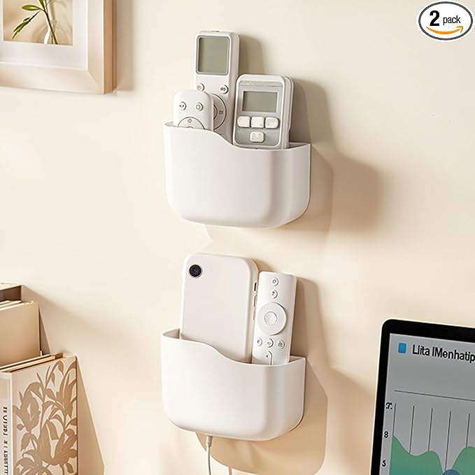 Wall Mount Remote Control Holder, Adhesive Phone Charging Holder, Universal TV Remote Organizer, Controller Storage Organizer Box with Adjustable Divider for Phone,Room, Bedside, Office (L*2)