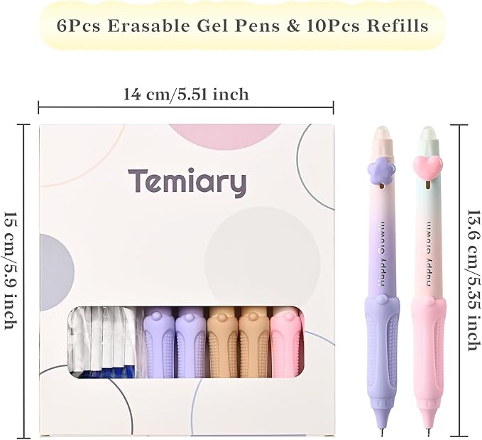 Temiary 6 Pcs Retractable Erasable Gel Pens & 10 Pcs Refills, Ink Pen with Eraser, 0.5 mm Fine Point Smooth Writing for Crossword Puzzles Journal Supplies (Pastel)