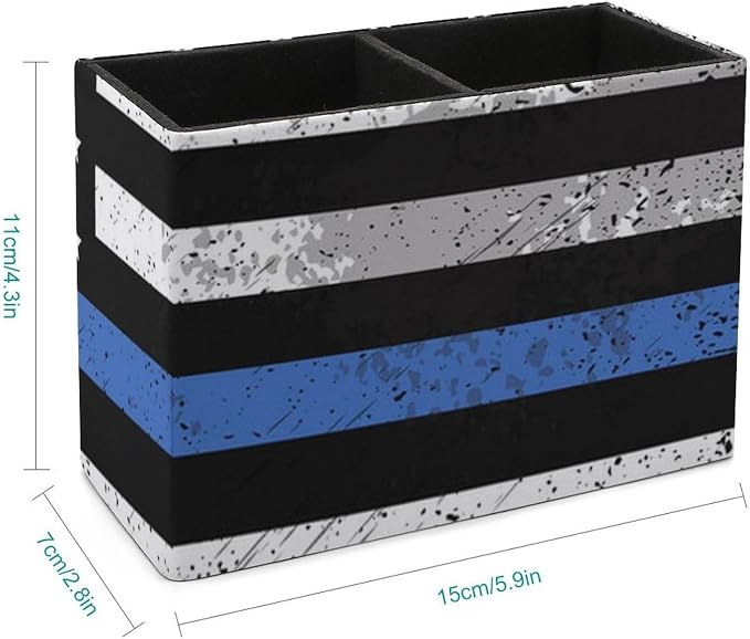 Office Storage Pen Holder Thin Blue Line Retro American Flag Police Pattern Black, Decoration Office Desk Square Pens Pencils Holder, Pencil Desk Organizer in PU Leather, Pencil Container
