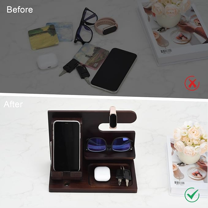 Wood Phone Docking Station,Bedside Table Organizer,Nightstand Organizer,Charging Station Organizer,Birthday Gifts for Men (Brown)