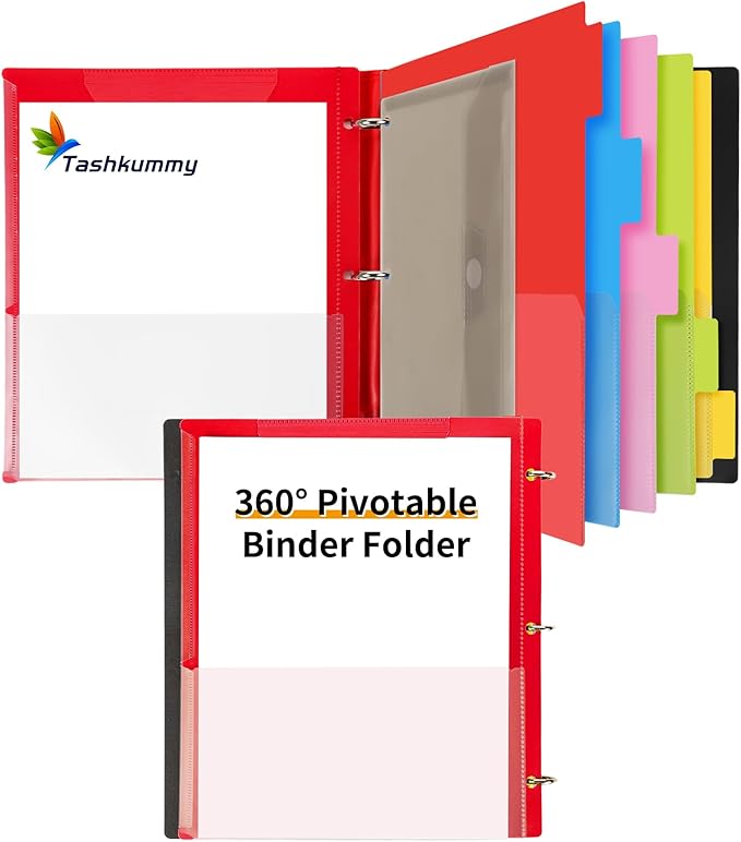 360° Pivotable Project Organizer Binder, 3 Ring Binder with Colored Tab Dividers with Pockets, Customizable Front Cover Multi Pocket Folder Binders for Home, School, Office- Red