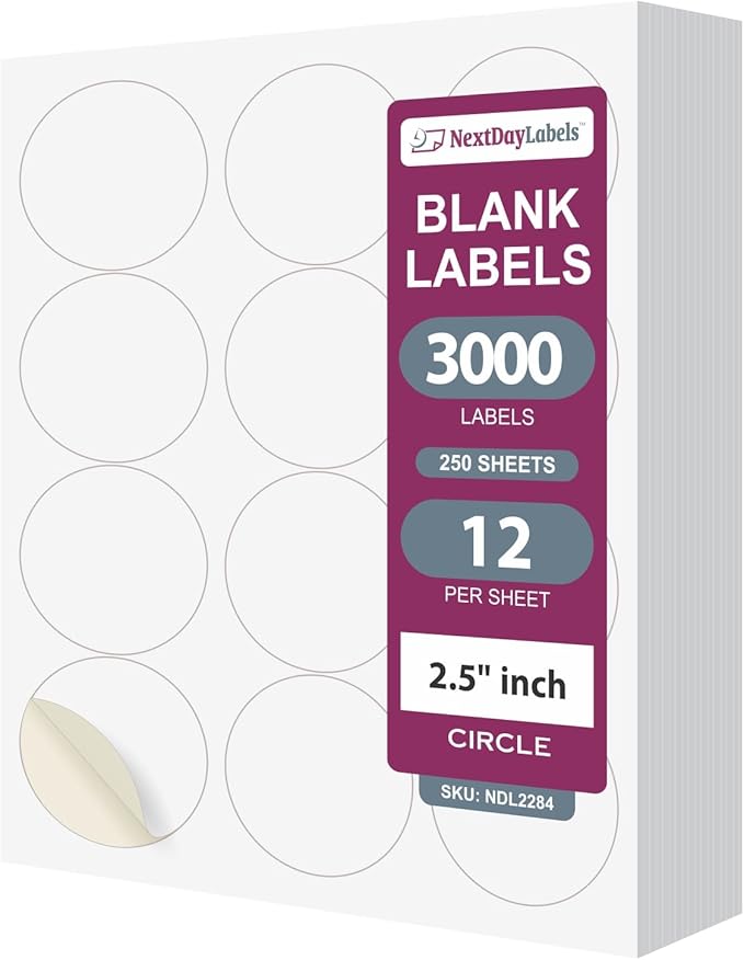 NextDayLabels 2.5 Inch Round Circle Stickers White Blank Labels for Laser Inkjet Printer - 12 Per Sheet Self-Adhesive Product Packaging Logo Made in USA - 3000 Labels