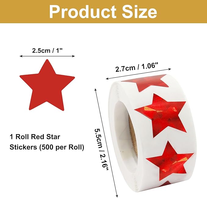 500 Pcs 1 Inch Red Star Stickers, Glitter Self Adhesive Star Labels for DIY Crafts Classroom Student Planner Teachers Supplies (1 Roll)