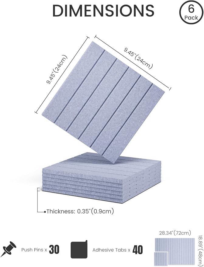 Fluxynara Felt Bulletin Board Tiles -28"x18" with 40 Adhesive Tabs, Cork Board Alternative for Office Decor, Push Pin Board Wall Organizer 6-Pack (Soft Periwinkle)