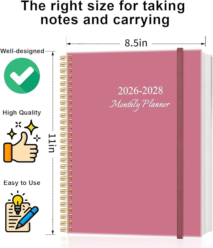 2026-2028 Monthly Planner, 3 Years Calendar from April 2026 - December 2028 with Spiral Binding, Inner Pocket, Elastic Closure, 33 Month Planner for Home | School | Office, 8.5" x 11", Pink
