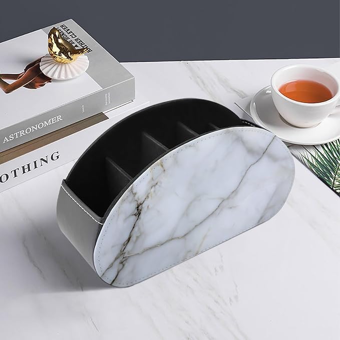 White Marble Texture with Gray Veining Remote Control Holder with 5 Compartments Leather TV Remote Caddy Remote Storage Box Desktop Organizer for Pen/TV Remotes/Media Controllers/Office Supplies