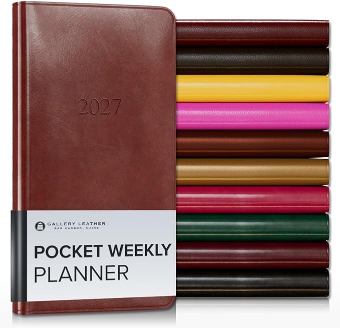 Gallery Leather Pocket Weekly Monthly Planner 2027, Elegantly Bound Calendar Planner and Notebook with Stylish Gold-Gilded Page Edges, 12 Months - Acadia Tan - 6x3.25"