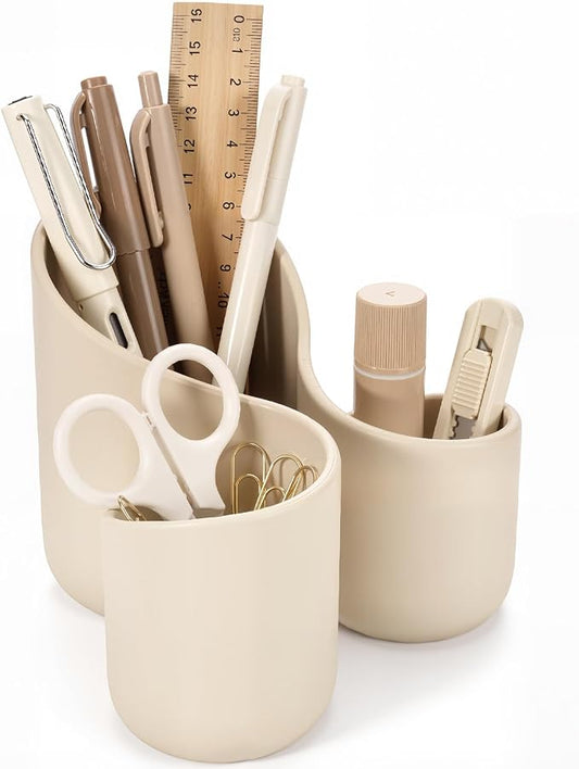 Aesthetic Desk Organizer Boho Pen Holder Modern Pencil Holder Beige Plastic Makeup Brush Organizer for Office Desk Accessories Stylish Home Office Art Decor Supplies (3 Slots)