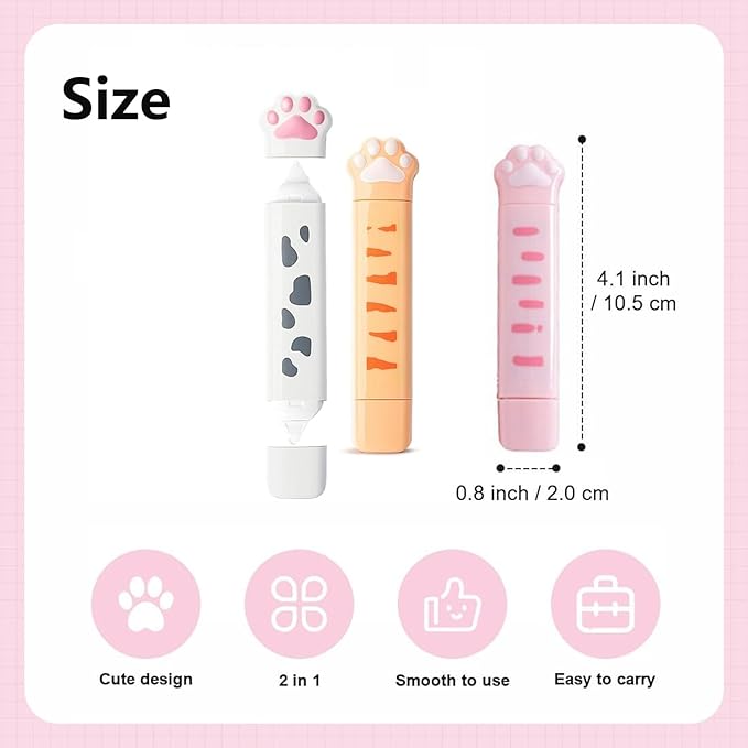 BetterJonny 3 Pcs Cute 2 In 1 Correction Tape and Glue Set, Double Sided Tape Roller, Kawaii Aesthetic Cat Office Supplies School Home Stationery