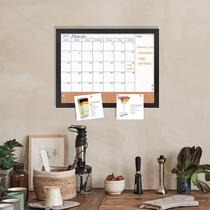 Monthly Calendar Dry Erase White Board & Cork Bulletin Board，13" x 17" Black Wood Frame，Magnetic Surface Whiteboard.Perfect for Organizing Your Space.Whiteboard+Cork-3343B-BK