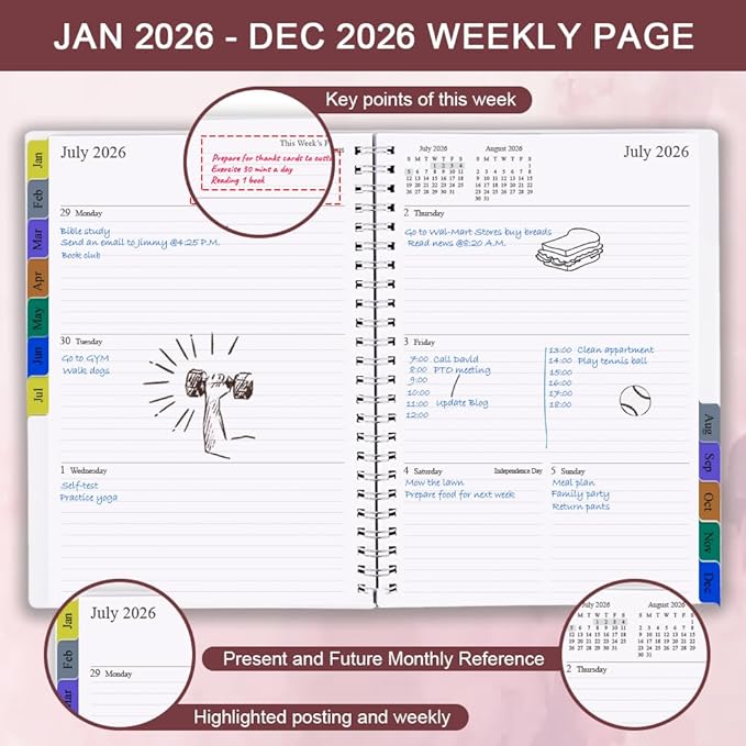 2026 Weekly & Monthly Planner - 2026 Planner Spiral Bound from January 2026 to December 2026, Easy to Organize Your Daily Life, Medium 6.5" x 8.5", Pink