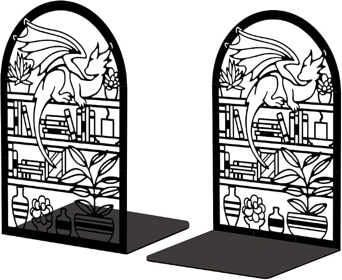 Peacoblue Metal Bookends for Shelves, Modern Decorative Heavy Duty Study Book Support Stoppers for Office, Desk, Shelf, Room 5.3"x4.3"x7.9" Cast Iron Bookends, 1 Pair (Cartoon Dragon and Bookcase)
