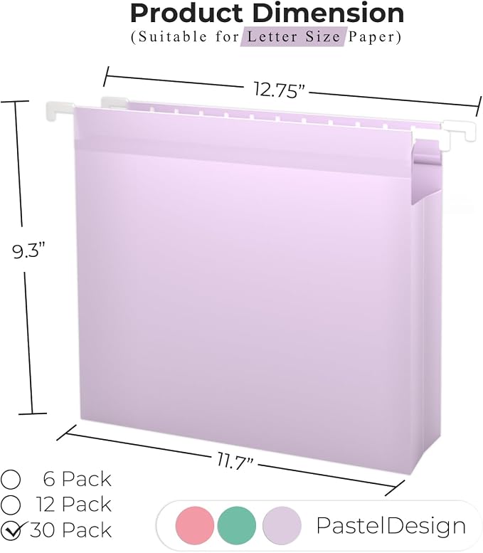 Y YOMA Plastic Extra Capacity Hanging File Folder, Letter Size, 2” Expansion, 30 Pack Colored Reinforced Expanding Hanging Folders with Tabs, Heavy Duty Waterproof Accordion for Bulky Files