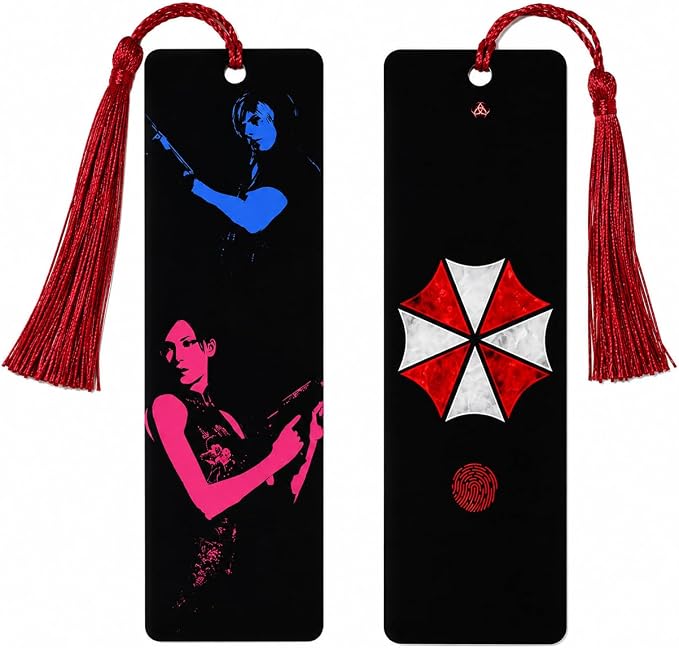 2 Pack Acrylic Bookmark Set with Red Tassels, Double Sided Survival Horror Inspired Book Markers, Anime Style Reading Accessories, Tactical Character Gift for Book Lovers Students Readers(2Pcs Evil)