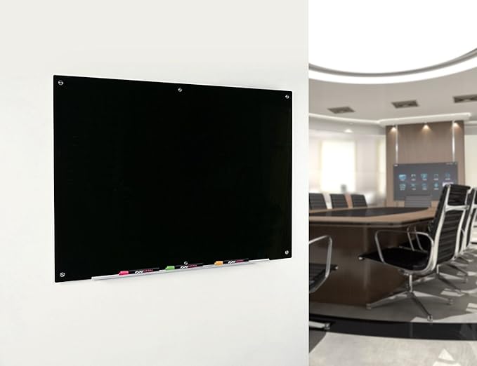 Audio-Visual Direct Magnetic Black Glass Dry-Erase Board Set - 6' x 3' - Includes Magnets, Hardware & Marker Tray