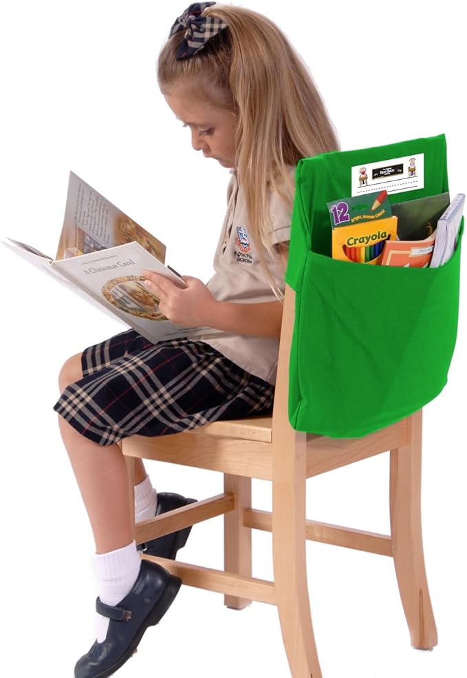 Seat Sack Elastic Student Chair Storage Pocket - Fits 12"–17" Chairs, Classroom Chair Organizer for Student Desks, Durable Stretch Over-the-Chair Storage, Green, 1-Pack