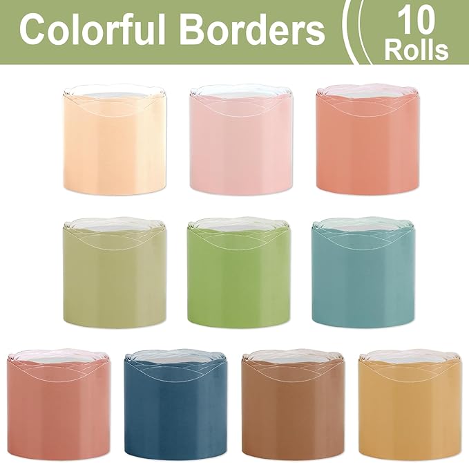 Wiooffen 10 Rolls 262ft Colorful Borders for Bulletin Board Scalloped Trim Bulletin Board Decorations Classroom Borders for Bulletin Board Back to School Supplies Office Wall Chalkboard Decor(Classic)