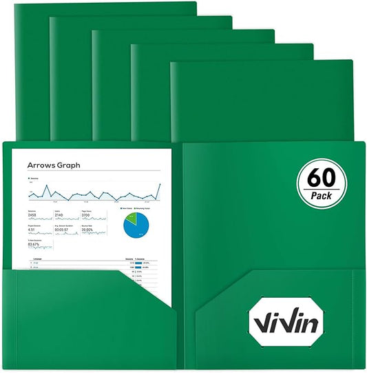 ViVin 60-Pack Green Plastic Folders with Pockets, Fits 8.5 x 11 Inch Letter Size Papers, Sturdy 2 Pocket Folders, Plastic Pocket Folder for Home School and Office