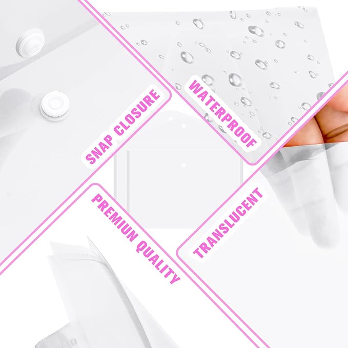 24pcs Plastic Filing Envelopes with Snap Button Closure ，Clear Document Folders for Letter A4 Size Files ，Poly Folders，for School and Office Supplies（White）