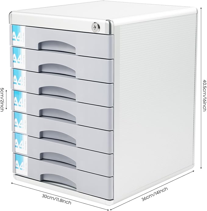 Desk Organizer with 7 Drawers, Documents Organizer with Lock, Office Supplies Desktop Filing Cabinet, A4 File Storage Holder, Stackable Storage Box for Jewelry/Bill/Paper/Documents