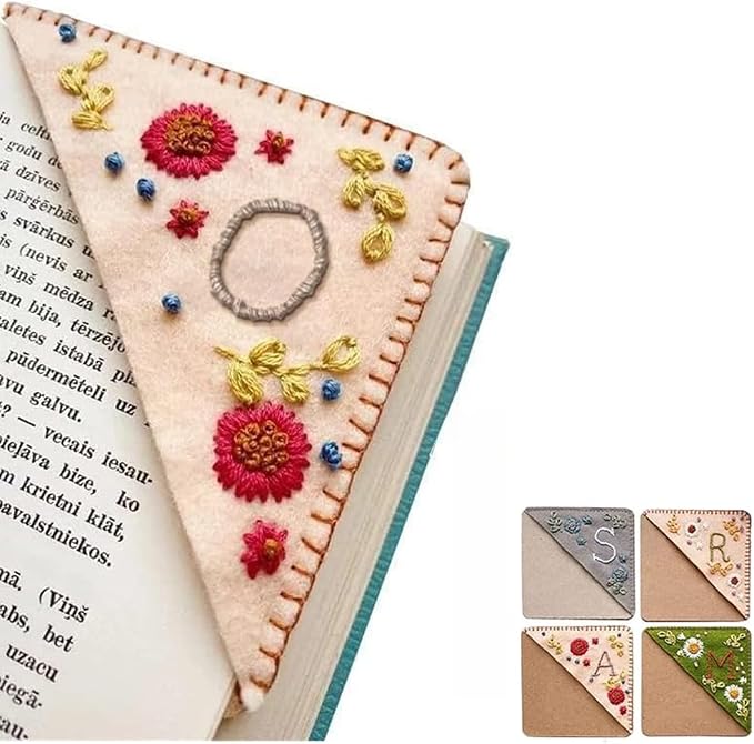 Personalized Hand Embroidered Corner Bookmark, 26 Letters Cute Flower Embroidered Corner Bookmark Embroidery Book Marker Clip for Book Lovers Bookmarks for Reading Lovers Meaningful GIF (Fall, O)