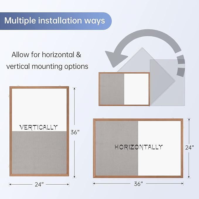 Grey Felt Bulletin/Dry Erase White Combo Board, 36" X 24“ Combination Whiteboard/Bulletin Board, Pin Board with Natural Wood Frame…