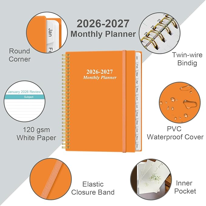 2026-2027 Monthly Planner - 18 Monthly Calendar, January 2026 - June 2027, Two Pages Per Month, 9" x11" Planner with Tabs, Strong Twin-Wire Binding, Inner Pocket, Orange