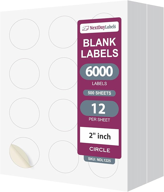 NextDayLabels 2 Inch Round Circle Stickers White for Bleeds Laser Inkjet - 12 Per Sheet Self-Adhesive Candle Jar Product Lids Made in USA - 6000 Labels