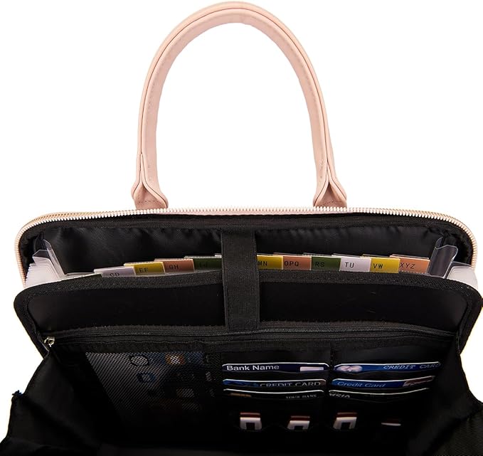 Accordian File Organizer Tote,Folder with Zipper & Labels,12 Pocket Expanding File Folder with Multi-Pockets Paper Folder for Letter A4 Files Business Teacher Office Bag (Pink)