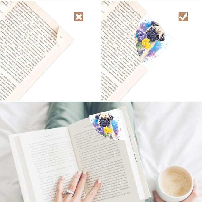 2PCS PU Leather Bookmarks 3.5x3.5 Inch Pug Yellow Flower Design | PU leather bookmarks with pug yellow flower design for novels, journals, planners, pet lovers, students and book fans