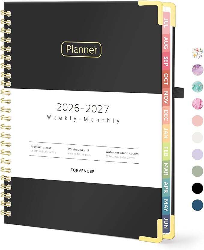 Forvencer Academic Planner 2026-2027, Hardcover Calendar Planner Weekly & Monthly, July 2026 - June 2027, 6" x 8", Daily Agenda with Tabs, College School Organizer for Student Teacher, Black
