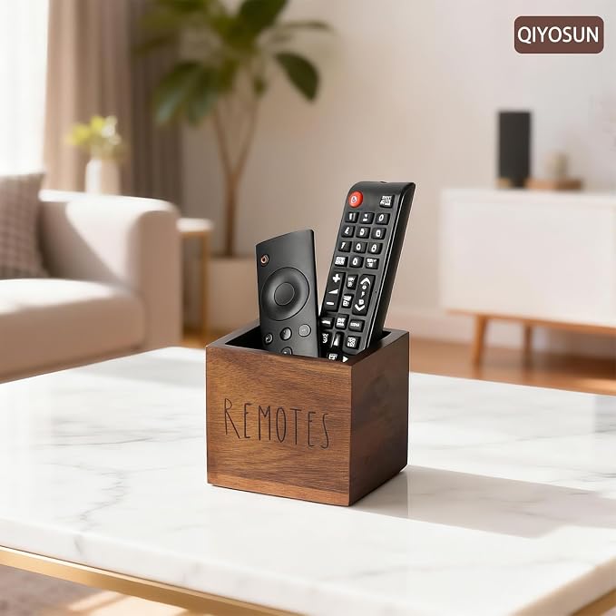 Remote Control Holder, Farmhouse Wood TV Organizer for Table, Wooden Remote Control Organizer, Remote Storage Caddy, Remote Control Organizer (Brown, 3.5 Inch-Labeled REMOTE)