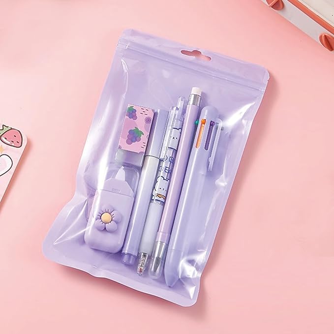 MOZXIRZ 6 Pcs Cute Purple Stationery Set for Women Back to School Supplies Office Supplies Including Gel Ink Pens 6-in-1 Ballpoint Pens Pencil Eraser (Purple)