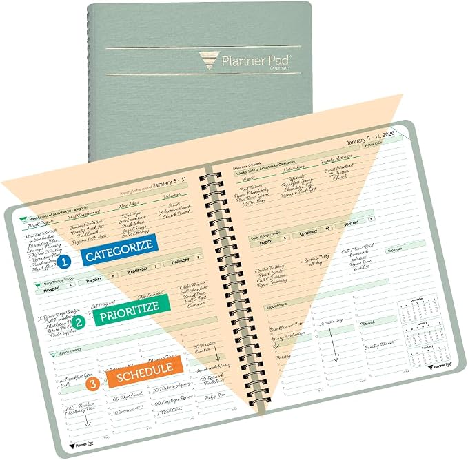 Planner Pad Spiral Bound January-December 2026/ Calendar Year 6 3/4" x 8 1/2" Medium 3-Tier Funnel Down 12 Month Organizer, Greenish Grey Cover/Soft Green Ink