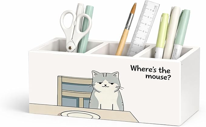 Funny Cat Pen Holder, Desk Organizer, “Where’s the Mouse?” Cute Cat Desk Storage for Pens, Pencils, Markers, Scissors – Great Gift for Kids, Cat Lovers, Students, Teachers