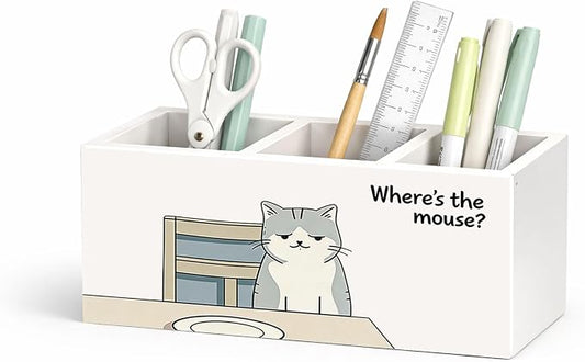 Funny Cat Pen Holder, Desk Organizer, “Where’s the Mouse?” Cute Cat Desk Storage for Pens, Pencils, Markers, Scissors – Great Gift for Kids, Cat Lovers, Students, Teachers
