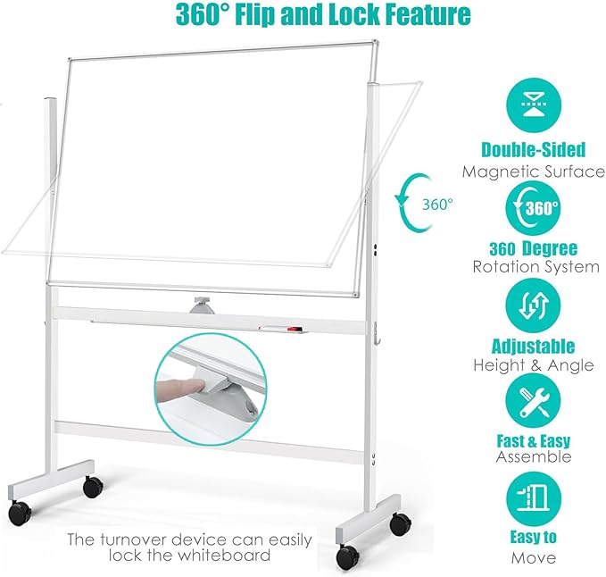 BIBOC Large White Board 32x48 Inches - Mobile Rolling Whiteboard on Wheels, Double-Sided Height Adjustable Dry Erase Board with Stand for Office, School, Home