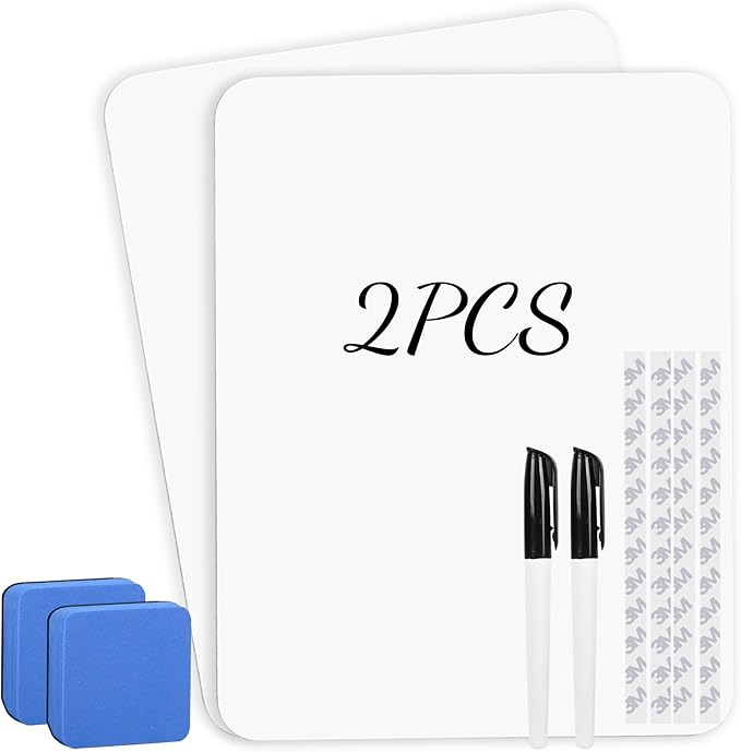 2 PCS Mini Whiteboards, 9" x 12" Small Double Sided Dry Erase Board, Portable White Boards for Students, Teachers, School Supplies Lapboards Including 2 Markers, 2 Erasers and 4 Sticky Tapes