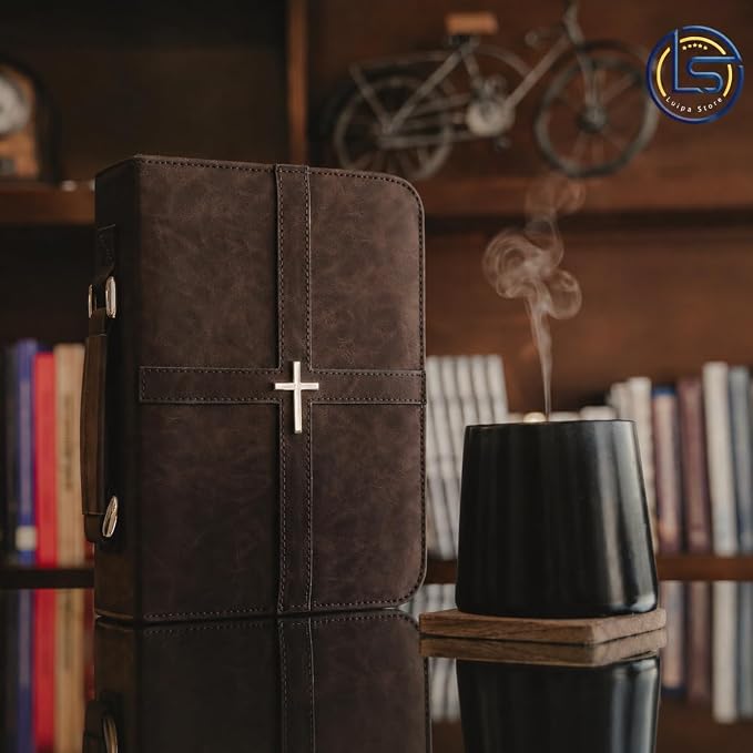 Bible Cover (U.S. Patent Pending), Discreet & Elegant Bible Case, Brown PU Leather Bible Cover, Cross Design Bible Bags, Strong and Sturdy Book Case, Includes Premium Bookmark