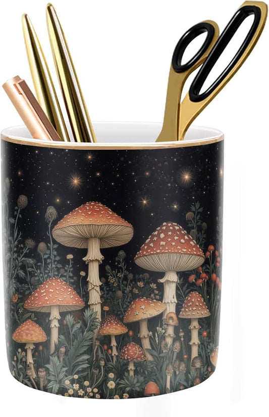 Cute Pen Pencil Holder for Desk, Durable Ceramic Organizer Decor for Room, Office, Classroom, Mushroom Pattern