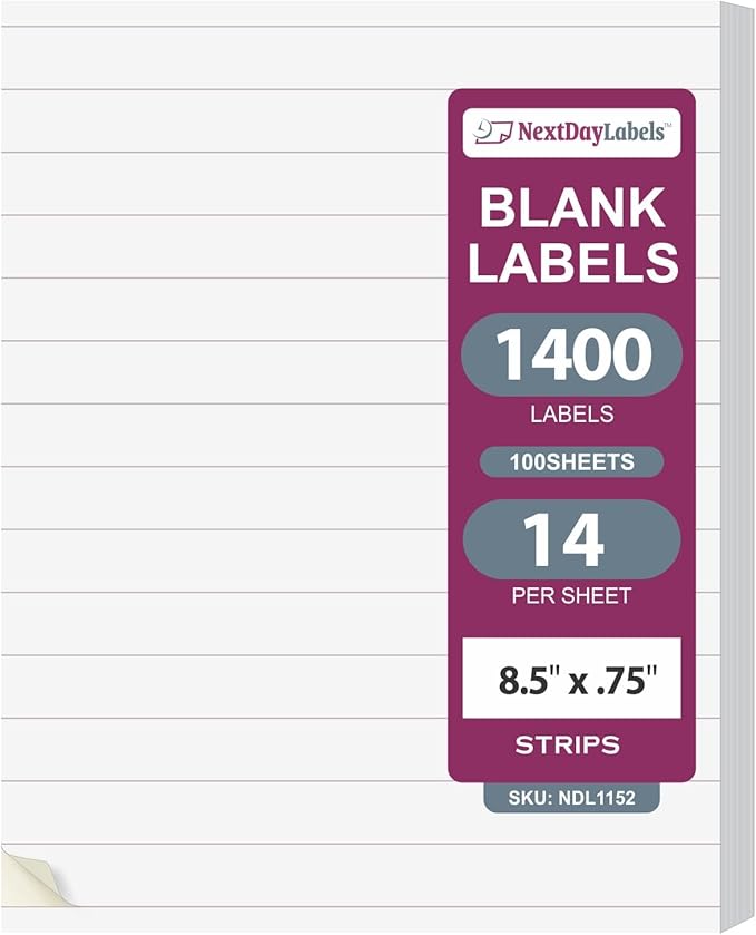 NextDayLabels 8.5x0.75 Inch Strip Stickers White Blank Labels for Laser Inkjet Printer - 14 Per Sheet Self-Adhesive Unique Size Label Made in USA - 1400 Labels