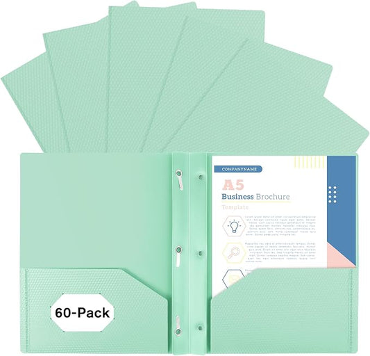 60-Pack Plastic andPockets and Prongs,2-Pocket and3 Fasteners, Pastel Folders Holds 8-1/2" x 11" Paper for School/Office/Home, Green