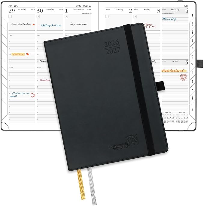 POPRUN Planner 2026-2027, 6.5" x 8.5", Academic Planner 2026-2027 Weekly and Monthly (July 26-June 27) Hourly Appointment Book with Inner Pockets, Leather Soft Cover, 100GSM - Black